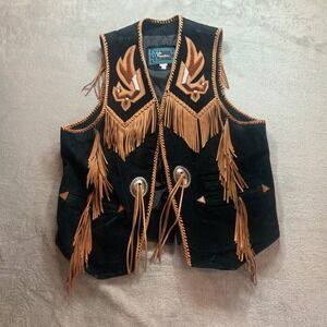 Echo Mountain Vintage Western Suede Fringe Vest Beaded Eagle Black Tan Sz 44